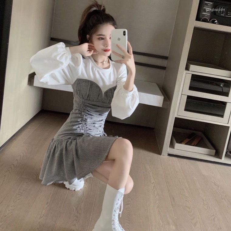 

Casual Dresses For Women Stitching Plaid Fake Two Pieces Long-Sleeved Dress Autumn Winter Drawstring Short Skirt Vestido De Mujer, Gray
