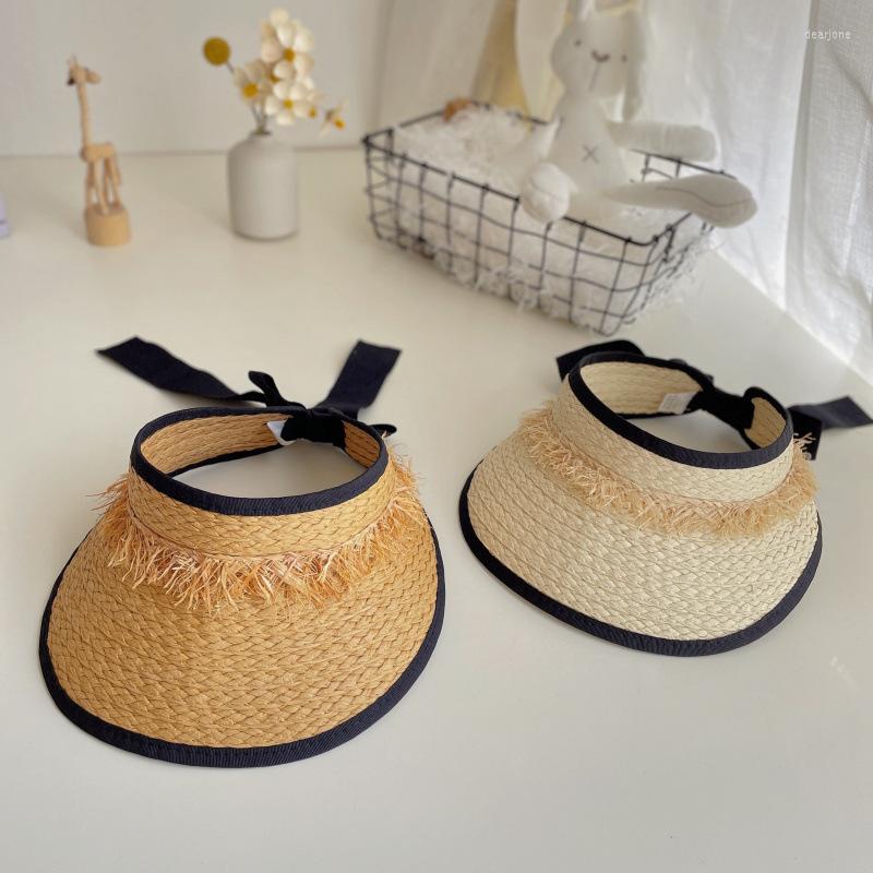 

Hats Summer Girls Bow Straw Hat Big Brim Children Sun Empty Top Outdoor Sunscreen Cap Kids Beach Travel Protection, Khaki