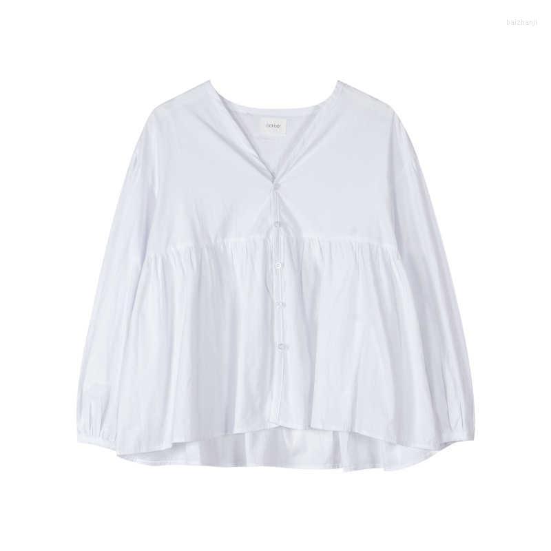 

Women's Blouses PERHAPS U Women Beige White V-neck Lantern Sleeve Long Loose Solid Pleated Blouse Shirt Spring Summer B0498