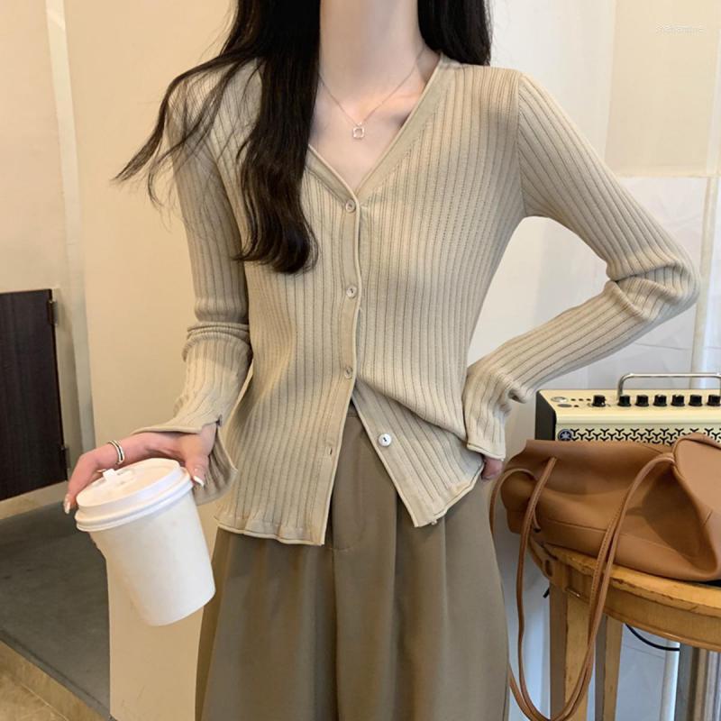 

Women's Polos 2022 Autumn Korean Fashion Solid Color V-neck Long Sleeve Top Shirts Casual Single Buckle Cardigan Versatile Knitting Tops