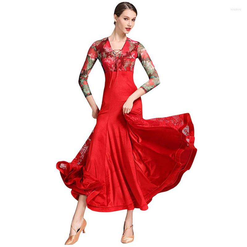 

Stage Wear Floral V-neck Ballroom Dance Dress Modern Flamenco Waltz Standard Practice Competition Costume, Red