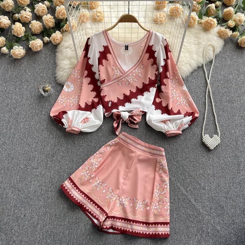 

Women's Tracksuits V-neck Lantern Sleeve Short Lace Up Slim Top Women's Fashion Two Piece Suit High Waist Wide Leg Shorts Women 2022, Pink