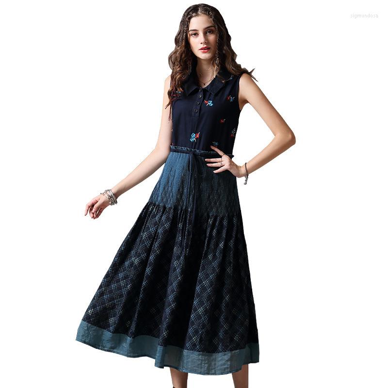 

Casual Dresses Original Brand Summer Dress 2022 Full-ed Women' Wear Retro Embroidery Lapel Vest 82103, Blue
