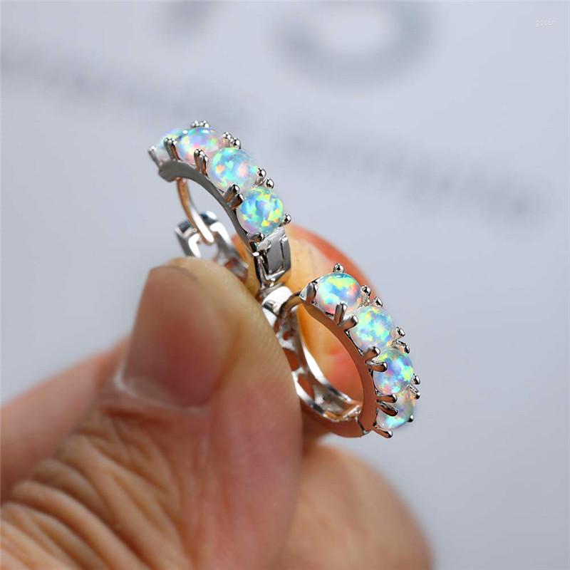 

Hoop Earrings Charm Silver Color Small Trendy Bridal Round Stone Wedding Cute Female Blue White Opal For Women