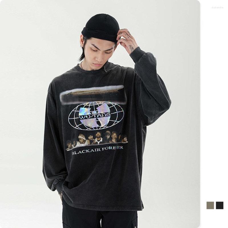 

Men's Polos Men Oversized T-shirt Streetwear Long Sleeve Tshirt 2022 Autumn High Street Loose Laser Print Hip Hop, Black