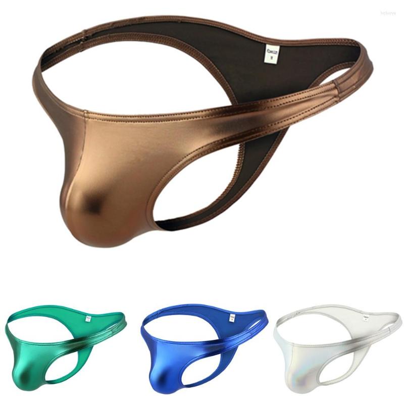 

Underpants Men Briefs PU Leather Party Club Dance Underwear Men' Sexy T-back Bikini Man U Convex Panties, Coffee