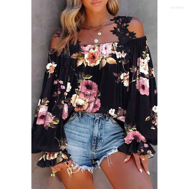 

Women' T Shirts Spring And Summer Woman Clothes Black Printed Loose Off Shoulder Chiffon Shirt Versatile Tops For Fashion Women Clothing