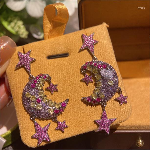 

Dangle Earrings S925 Silver Needle Moon Micro-set Zircon Stars Colorful Vintage