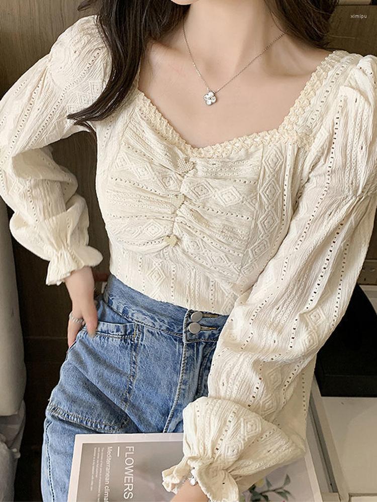 

Women' Blouses Spring Shirts Solid Lace Puff Sleeve Square Neck Vintage Blusas Mujer De Moda 2022 Korean Fashion Women Tops M293, Apricot