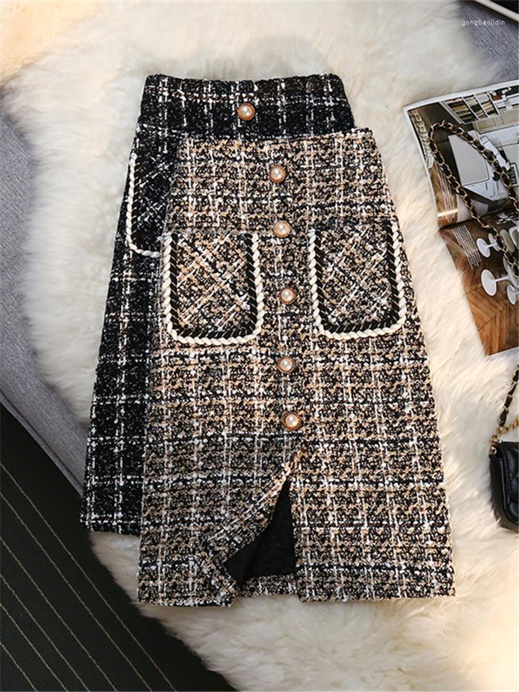 

Skirts Classic Woolen Plaid Women Wrap Pockets 2022 High Waist Single Breasted Sheath Pencil Midi Female Autumn Winter, Black