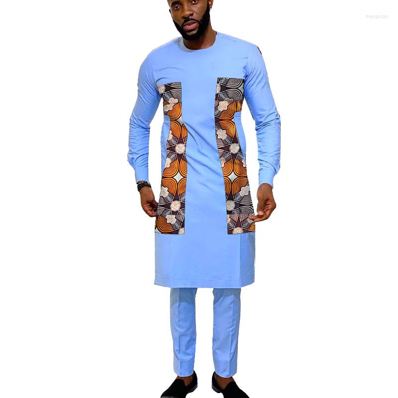 

Ethnic Clothing Wathet African Suit Men O Neck Patchwork Shirts With Sollid Pants Cotton Tops Set Senator Style Male Nigerian Fashion