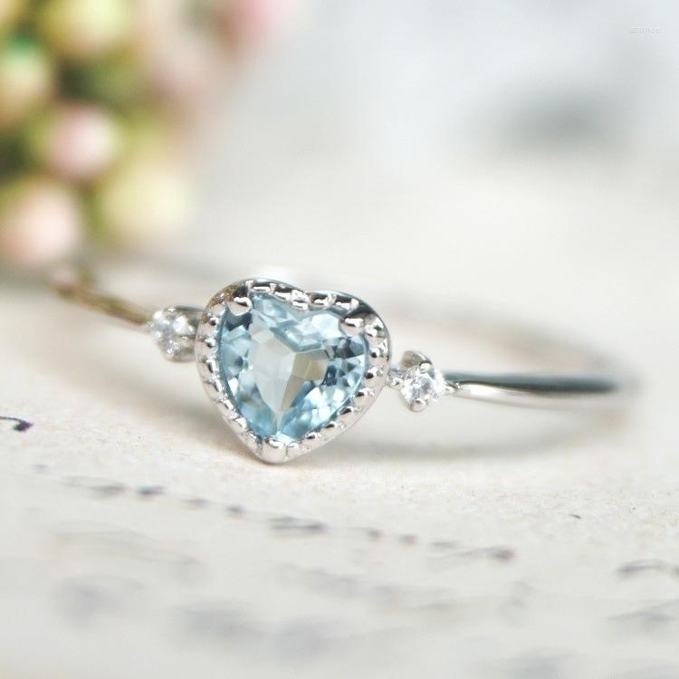 

Wedding Rings Dainty Female Aqua Blue Crystal Ring Classic Silver Color Love Engagement Cute Heart Thin For Women