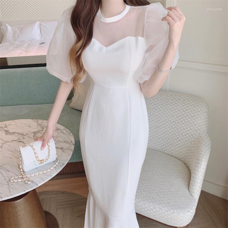

Party Dresses Elegant Organza Patchwork Puff Sleeve Fishtail Dress O-neck Slim Package Hip Mermaid Robe Korean Chic Summer Midi Vestidos, Beige