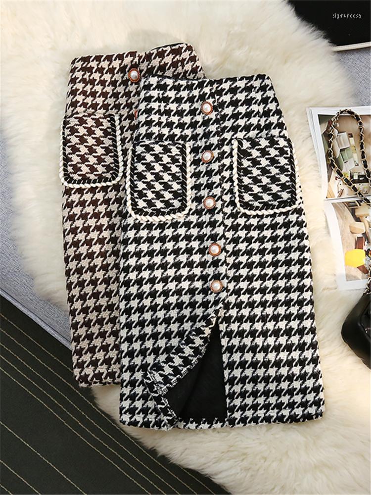 

Skirts Vintage Woolen Houndstooth Women Wrap 2022 High Waist Single Breasted Sheath Pencil Midi Female Autumn Winter, Black
