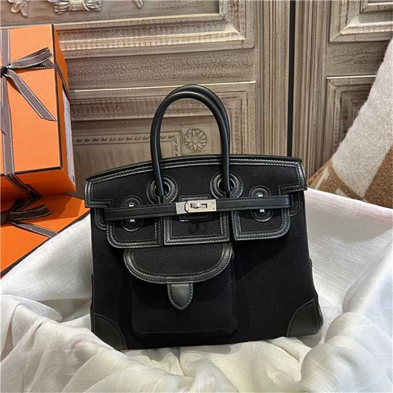 

designer handbags herme birkin Wax line full hand sewing 25 new canvas bag pocket bag black sesame silver button swift, Black4
