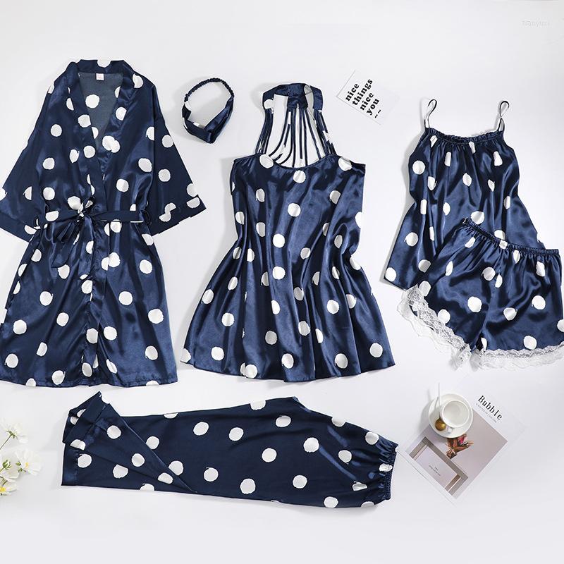 

Women's Sleepwear Spring And Summer Pajamas Five-piece Sexy Nightdress Nightgown Sling Three-piece Suit Fashion Wave Point Sweet, Robe pants blue