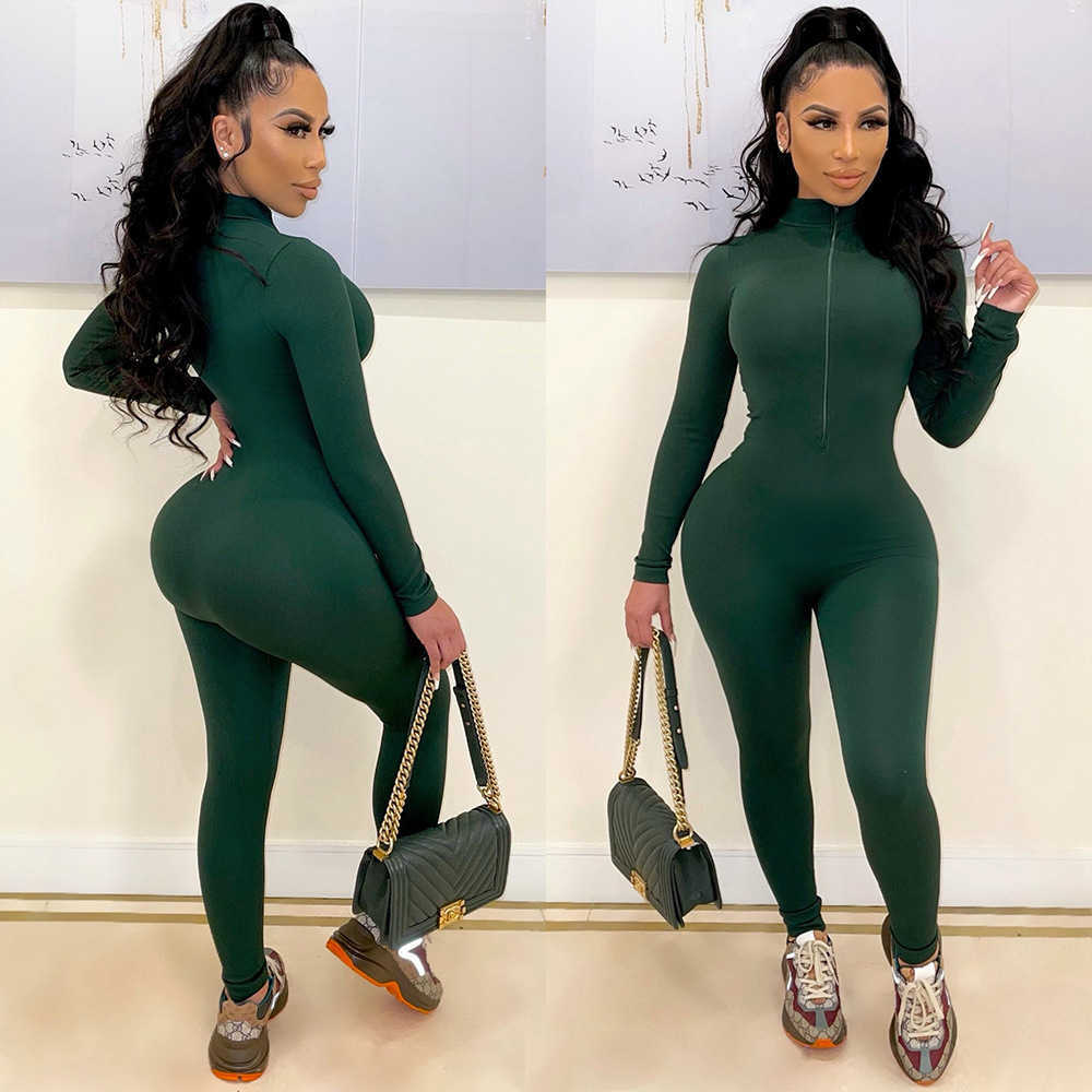 

2023 Womens Fashion Sports Jumpsuits Leisure Bodysuits Tight Long Sleeve Conjoined Pants Zipper Rompers Bodycon Capris, Brown