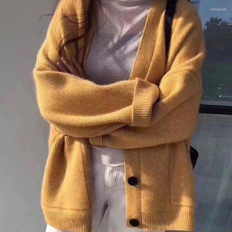 

Women's Knits Cardigan Women Autumn V-Neck Pockets Knitted Sweater Womens Long Sleeve Solid Retro Daily Basic Vintage Harajuku Causal Loose, Black