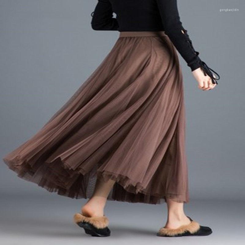 

Skirts Woman Women's Gauze Skirt Autumn And Winter Mesh A- Line Pleated Long Black Gauzy Mujer Faldas Saias Mulher