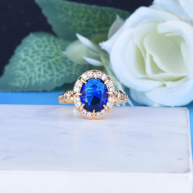 

Wedding Rings Luxury Trendy Gold Plated Oval Cut Zircon Open For Women Shine Blue CZ Stone Inlay Fashion Jewelry Party Gift