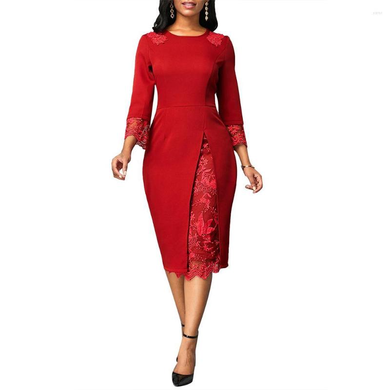 

Casual Dresses Loose Elegant Women Banquet Embroidery Flower O Neck 3/4 Long Sleeve Lace High Slit Bodycon Midi Summer Party Dress, Red