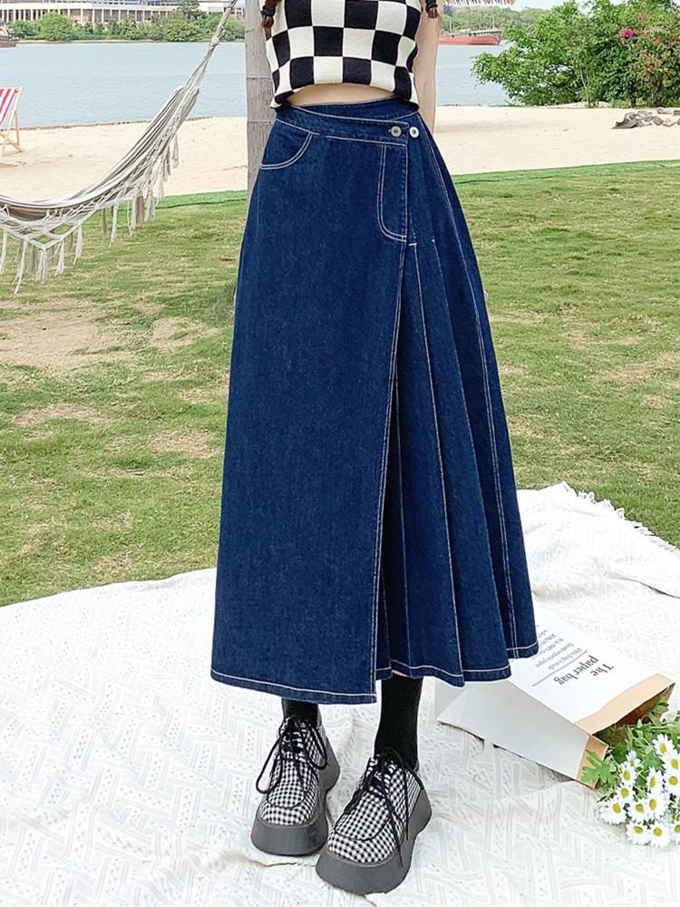 

Skirts GUUZYUVIZ Summer Mid-length Denim Skirt Woman Pleated High Waist Thin A-line, Blue