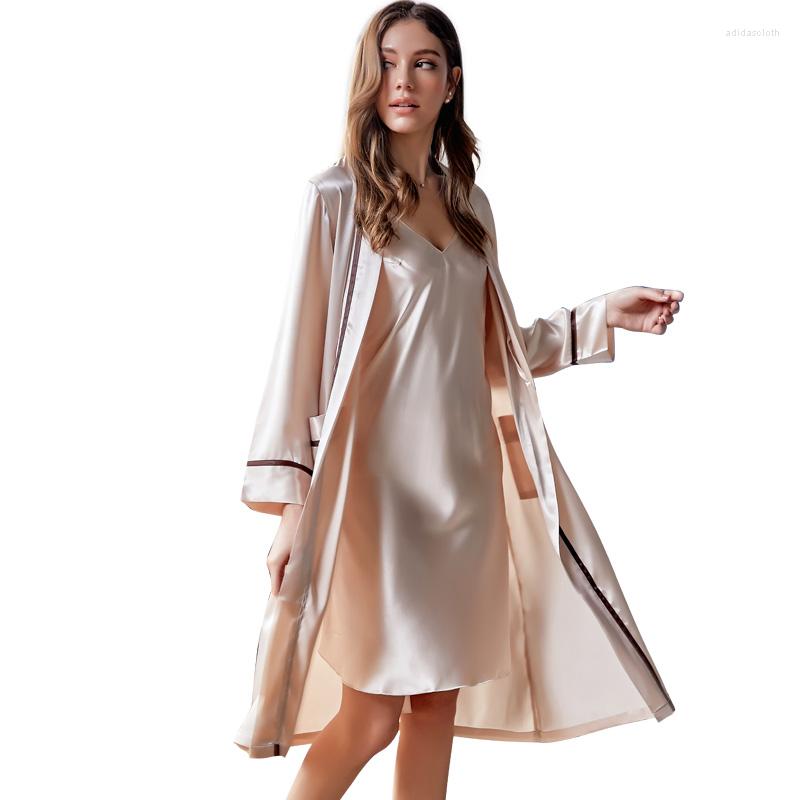 

Women's Sleepwear Xifenni Robe Sets Female Brand Spring Sexy Silk Sling Nightdress Two-Piece Summer Ice Bathrobes Woman X9201, Caramel colour