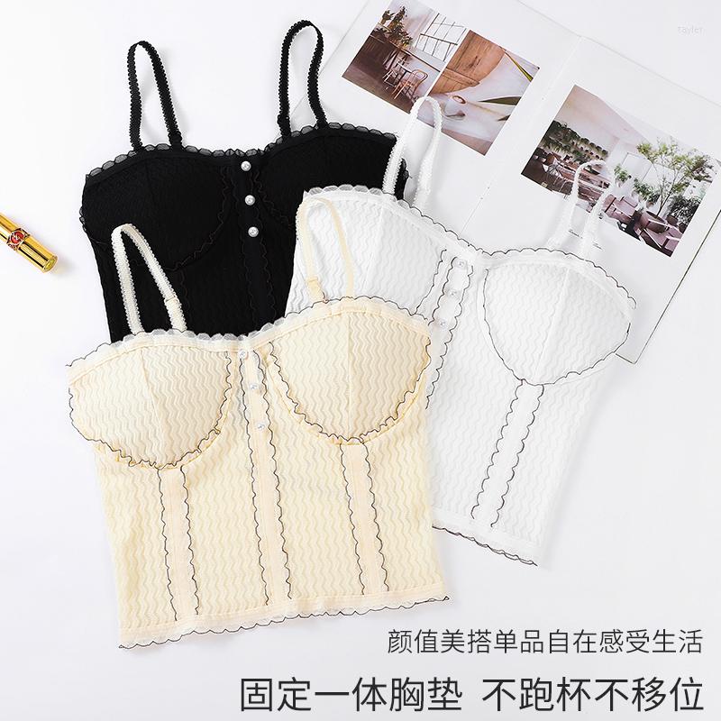 

Camisoles & Tanks Sling Lace Vest Beautiful Back Underwear Wrap Chest Sexy With Pads Outside Wear Short Tops, Black