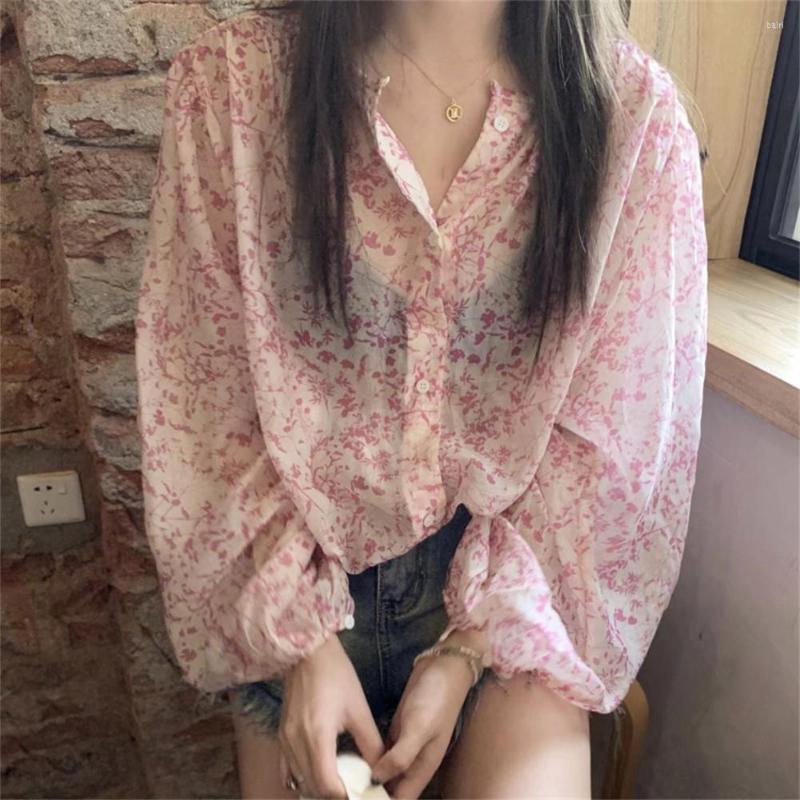 

Women's Blouses HziriP Women Sunscreen Flowers Pink Tops Chic 2022 Summer Loose Elegant Sweet Casual Slim Lantern Sleeve Daily, Photo color