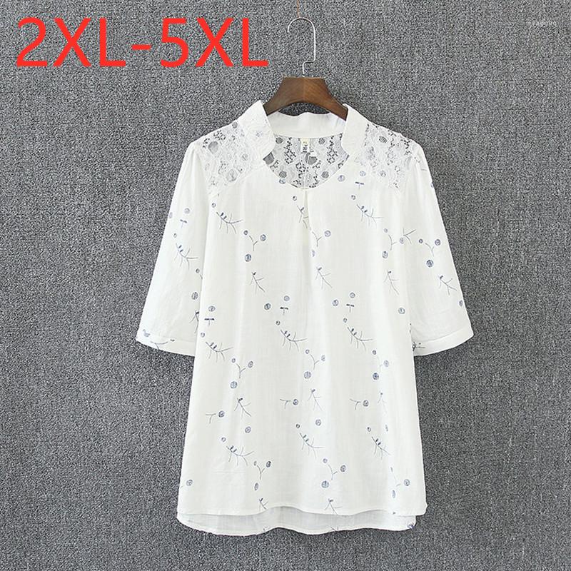 

Women's Blouses 2022 Ladies Summer Plus Size Tops For Women Large Blouse Short Sleeve Cotton Linen White Floral Lace Shirt 2XL 3XL  5XL