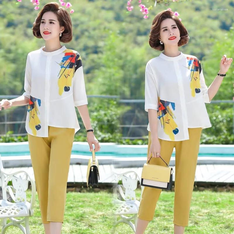 

Women's Tracksuits Young Mother Summer Suits Short Sleeve Calf-Length Pants 2PCS 2022 Middle-aged Elderly Women Tops T-shirt Casual Sets, A piece yellow pant