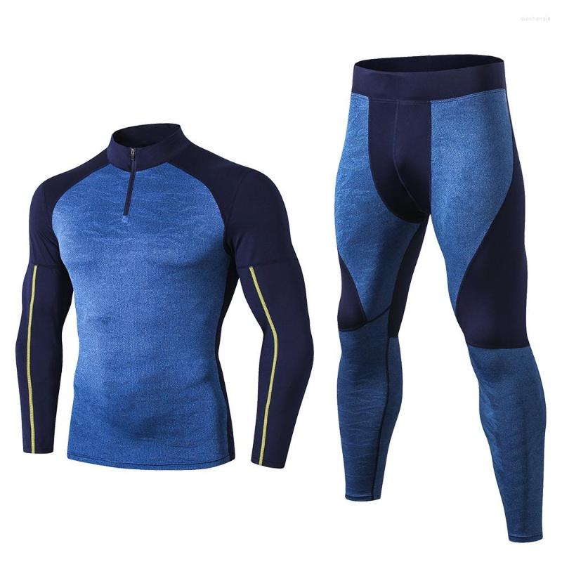 

Gym Clothing Men' Quick Dry Fitness Suit High Stretch Tight Training Long Sleeve T-shirt Tracksuit Trousers Two Pieces Set Blue, Style 2