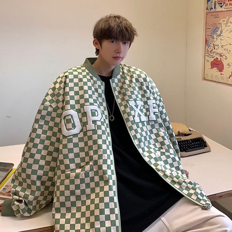 

Men's Jackets High Quality American Hiphop Wear Checkerboard Jacket On Both Sides Men's Vintage Versatile Loose Stand Collar Baseball, Blue
