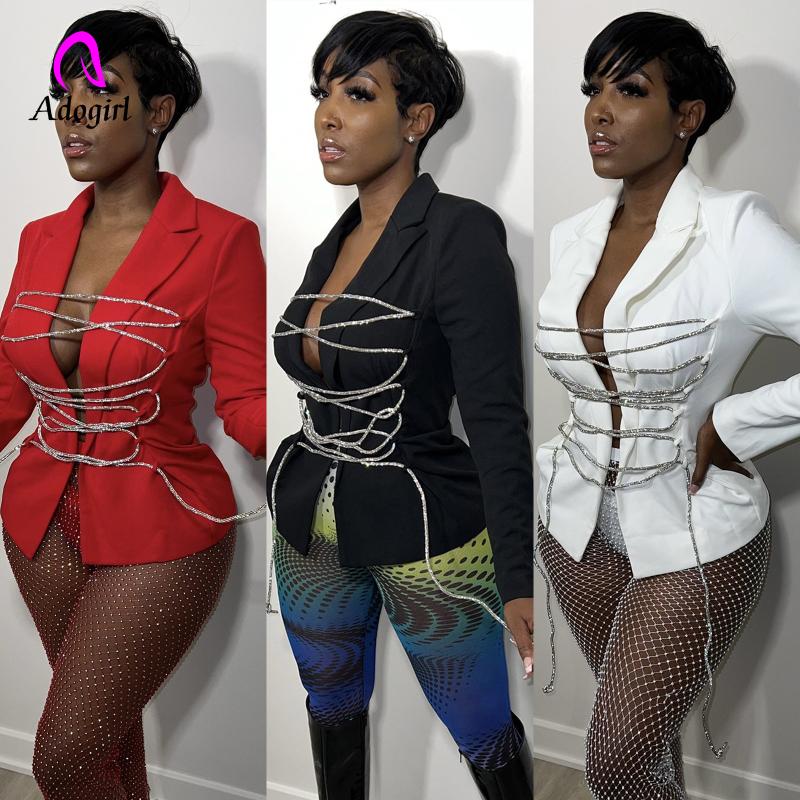 

Women' Suits & Blazers Bandage Women Blazer Solid Long Sleeve Office Lady Coat High Street Outfits 2022 Autumn Winter Workout Activewear Vi, White