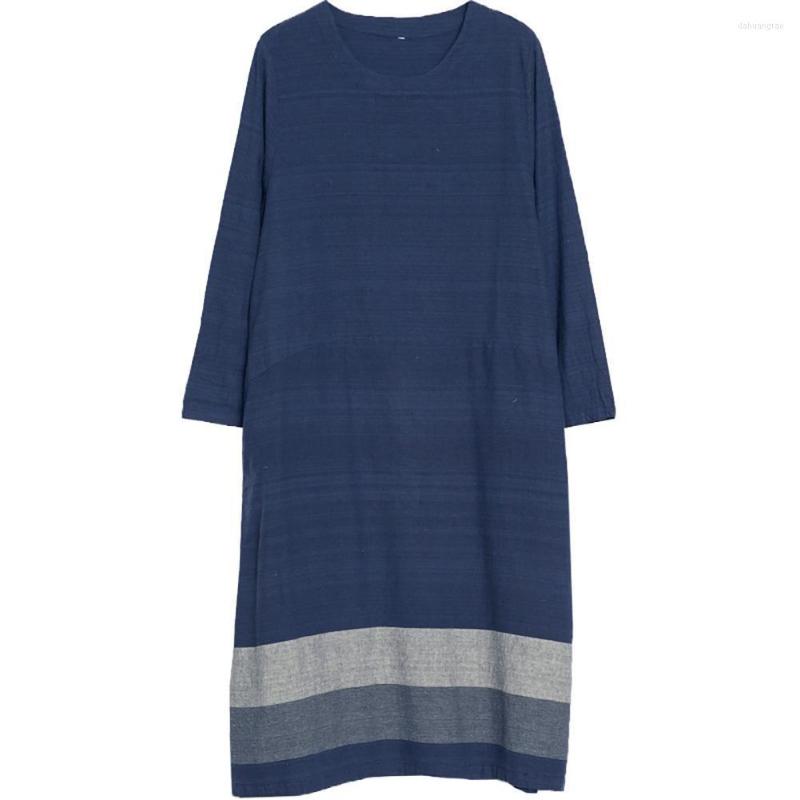 

Casual Dresses Women Dress Retro Long Sleeve Round Neck Mid-Calf Cotton And Linen Loose Striped Midi For Spring, Black