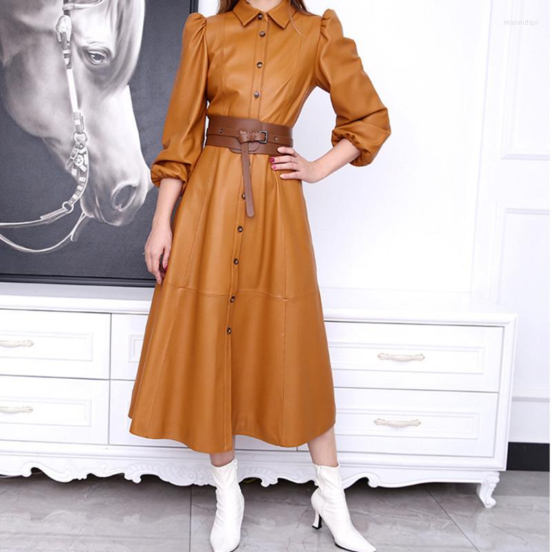 

Casual Dresses 2022Leather Dress Sheepskin Bubble 3/4 Sleeves High Waist Slim Long Elegant Women' Leather Revolutionary, Ginger