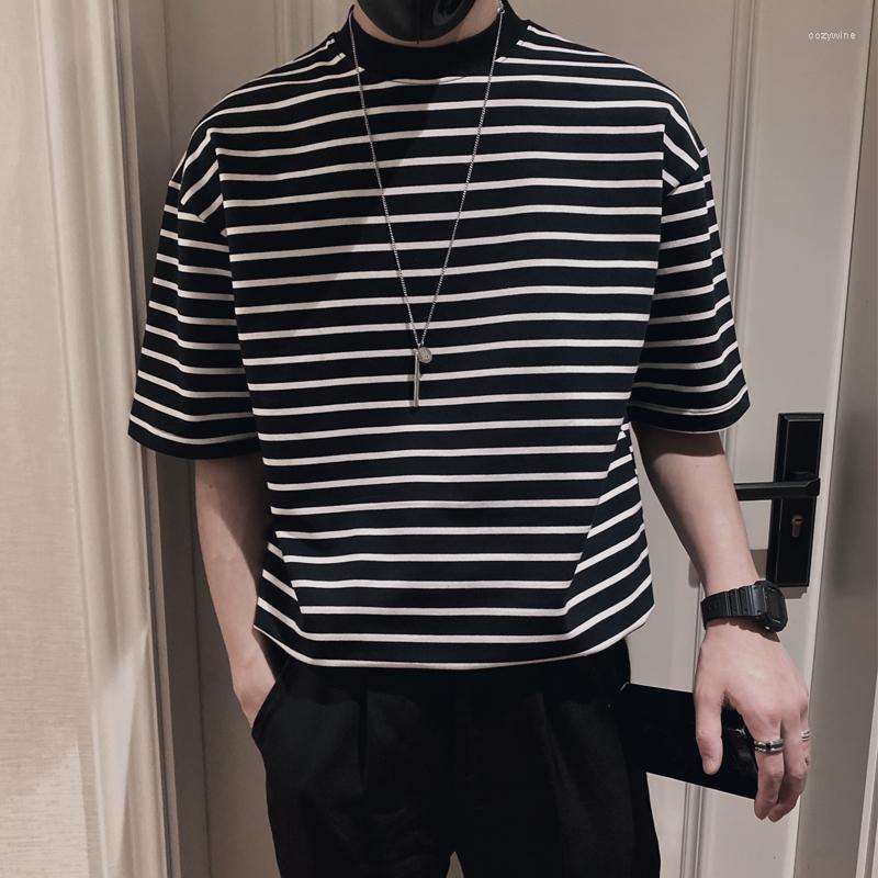 

Men' T Shirts Light Mature Wind Short Sleeve T-shirt Trendy Summer Loose Korean Stripe Half High Neck Brand Men, Black