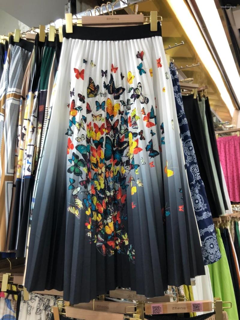 

Skirts Butterfly Vintage Print Midi Long Skirt Women 2022 Summer Casual Holiday Folds A Line High Waist Mid-length Female Ladies, Blue