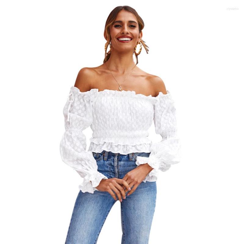 

Women' Blouses Pink Sweet Ruffle Long Sleeve White Blouse Shirt Women Elegant Off Shoulder Floral Embroidery Chiffon Crop Top Feamle Tee