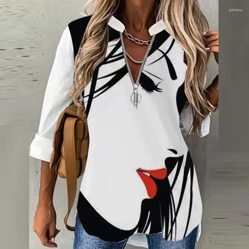 

Women' Blouses Women Vintage Abstract Print Blouse Shirts 2022 Spring V Neck Zipper Office Top Pullover Autumn Long Sleeve Loose Blusa, 02 light blue