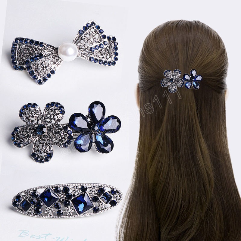 

Rhinestone Flower Spring Clip Fashion Hairpin French Retro Headdress For Women Luxury Inlaid Ponytail Horizontal Hair Clip, Mixed color