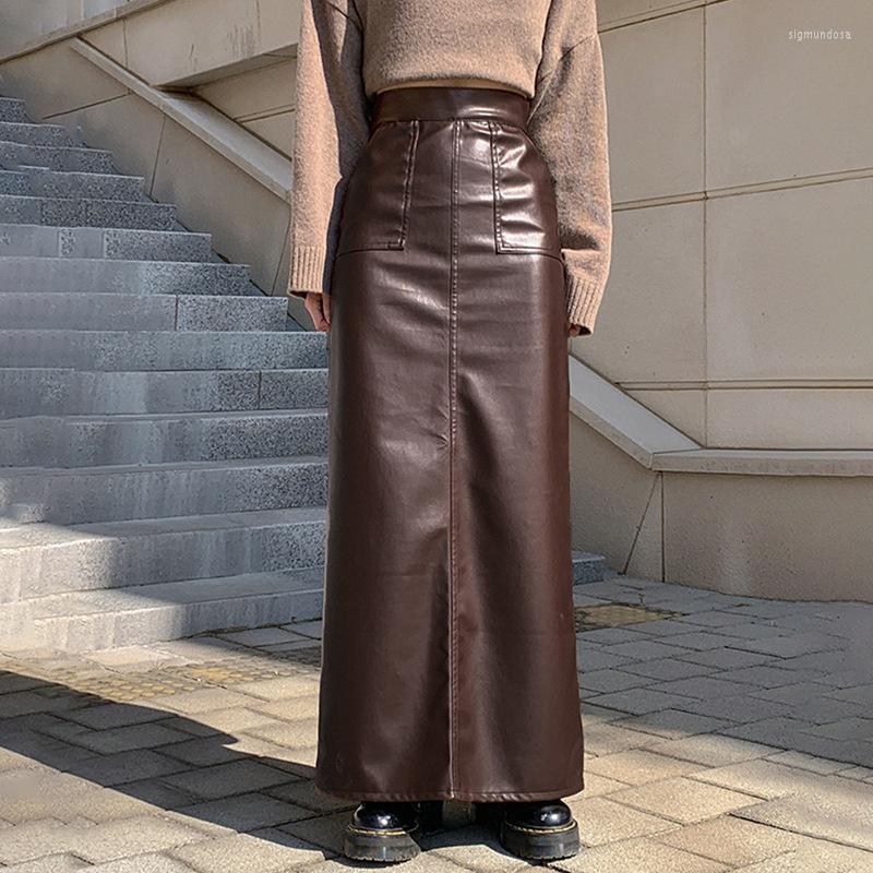 

Skirts Fashion High Street Wrapped Women Zipper Waist Leather Split Long Skirt Autumn Winter Bodycon Bottoms Black Brown