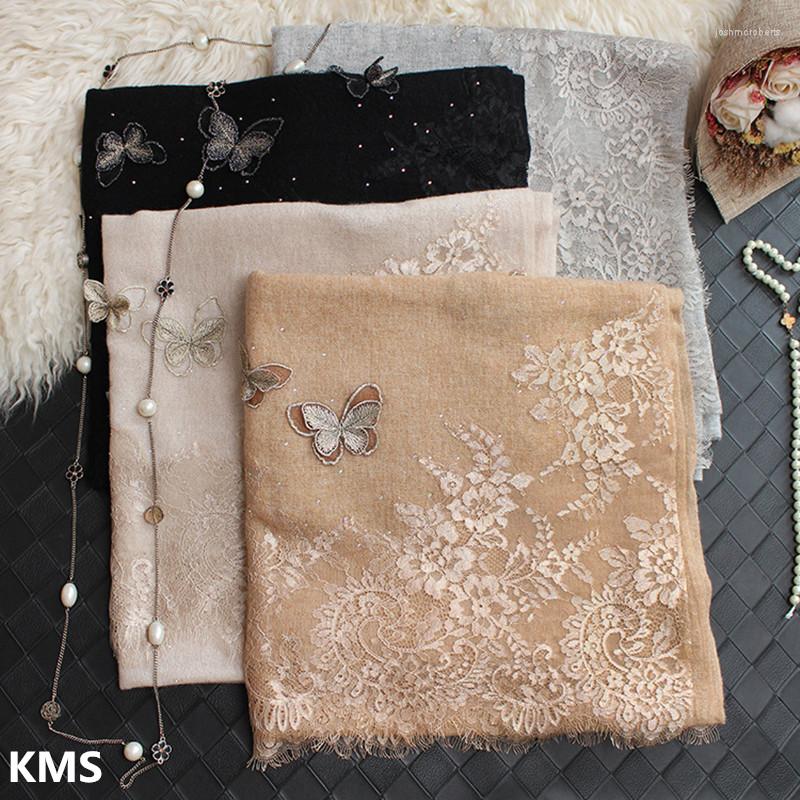 

Scarves KMS Scarf Shawl Hijab Women Luxury Wool Lace Stitching Three-dimensional Butterfly Hollow Autumn And Winter