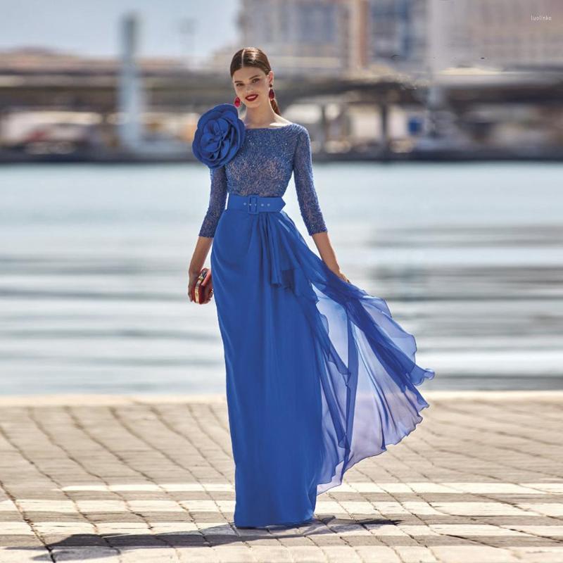 

Party Dresses Charming Royal Blue Evening Dress Chiffon Lace Appliques And Flower Long Sleeve A-Line Prom Floor Length Gown 2022