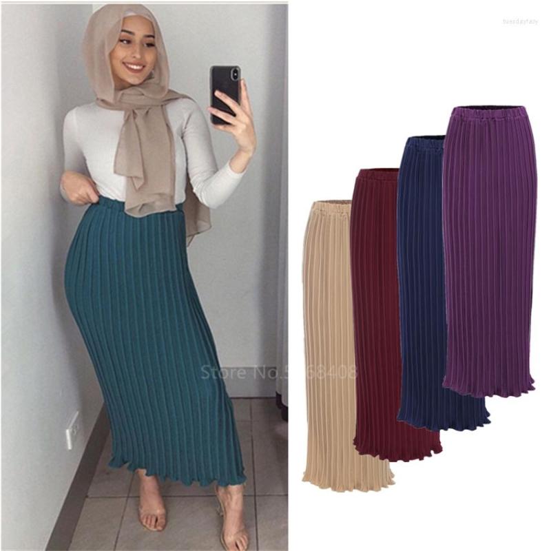 

Ethnic Clothing Fashion Muslim Elegant Pleated Skirts ChiffonTurkish Solid Half Dress Women Hight Waist Buttons Party Long Maxi Islamic