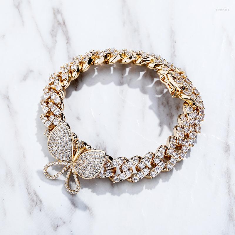 

Link Bracelets 9mm Hip Hop Micro Pave CZircon Out Bling Cuban Bracelet With One Butterfly For Men Rapper Jewelry Gifts