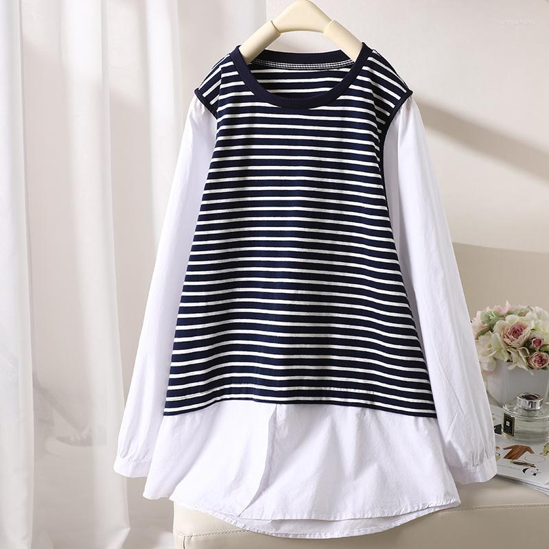 

Women's T Shirts Soxu Fall Versatile Fashion Round Neck Pullover T-shirt Women's Long Sleeve Splice Stripe Loose Casual Top, Black