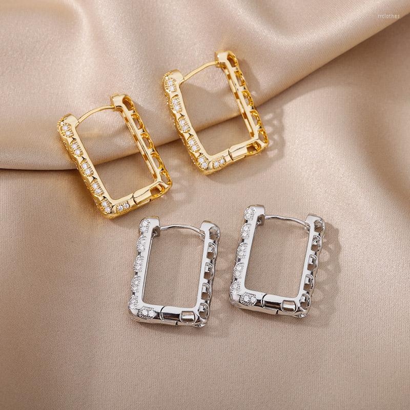 

Hoop Earrings Stainless Steel Rectangle Earring For Women Cubic Zirconic Gold Color Geometric Hexagon Minimalist Jewelry Bijoux