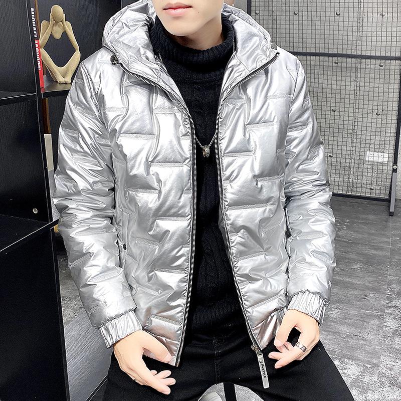 

Men's Down Winter Fashion Trend Cotton Clothes Leisure Solid Color Thickened Jacket Plush Heat Storage Hooded, Silver