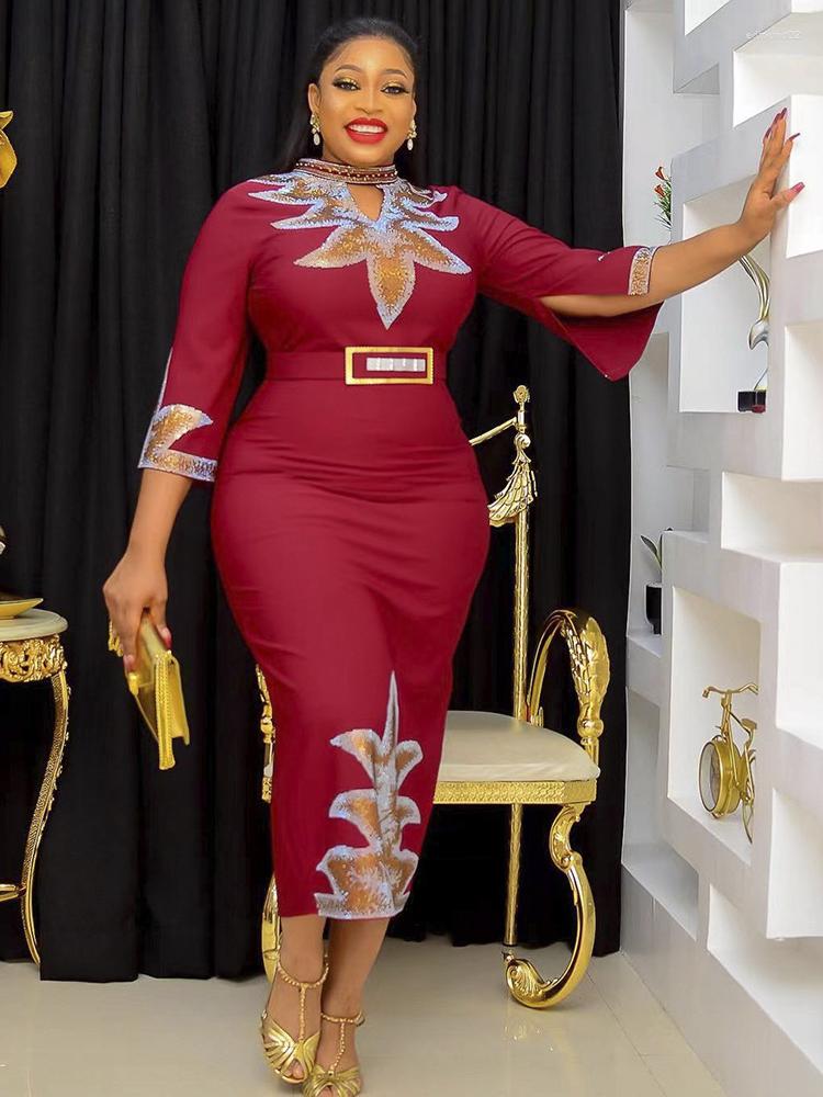 

Casual Dresses Women Party Dress Bodycon Three Quater Sleeves Hollow Out Diamond Beading Female African Ladies Large Size Event Date Gowns, Black